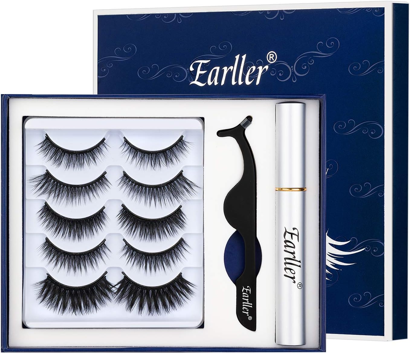 EARLLER Upgraded Magnetic Eyelashes with Eyeliner Kit, 5 Pairs Natural Look Full Eye Lashes With Applicator and Mirror - Waterproof, Easy to Use and No Glue Needed 3D Lashes Set (Exquisite Box)