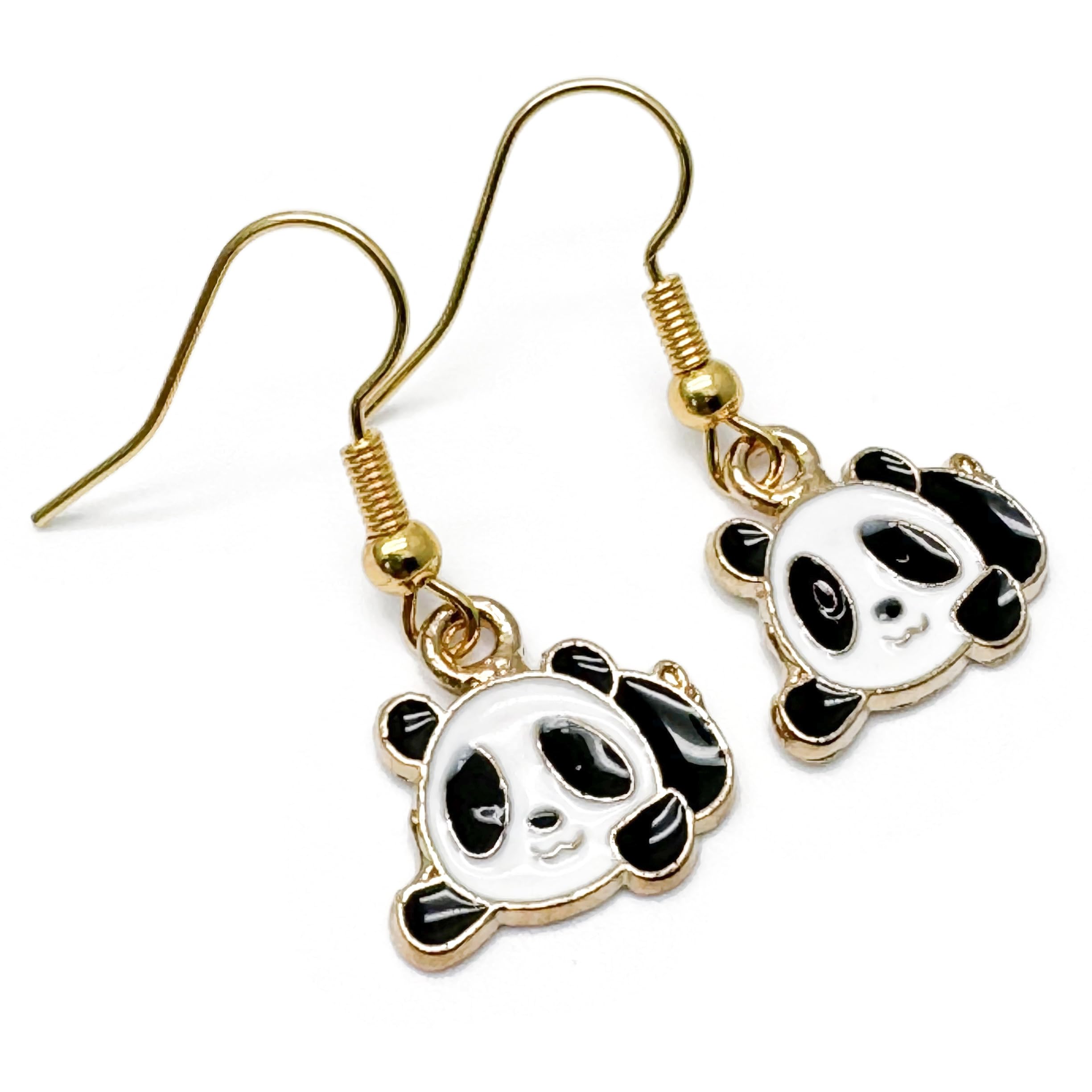 Panda Charm Earrings, Super Cute White and Black Enamel Charm Beads on Nickel Free Gold Tone Hooks : 31mm long, Handmade Gift for Women, Animal Lovers
