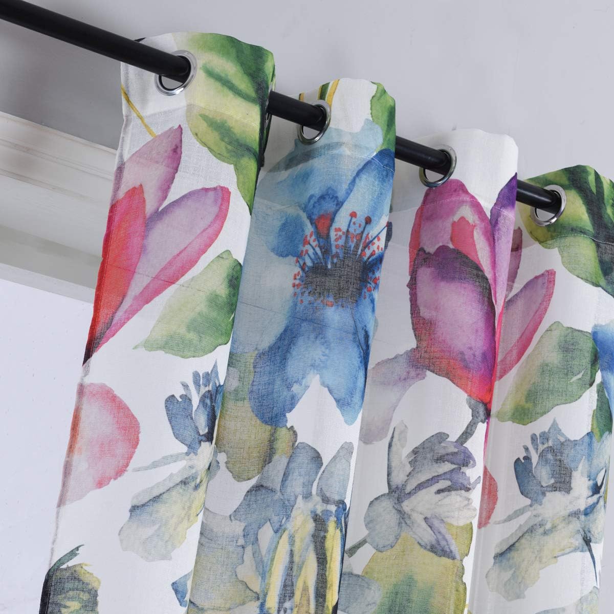 Taisier Home Colorful Sheer Curtains Floral Printed Linen Textured Curtain Sheers Christmas Xmas Holiday Living Room 63 inch Length Print Bedroom Window Treatment Set 2 Panels Grommet Top Drapes