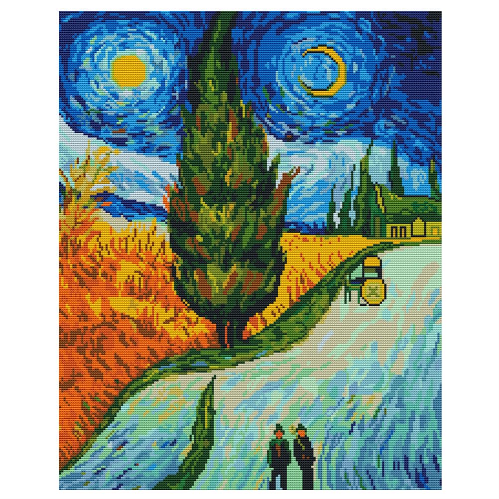 Meecaa Cross Stitch Kits 11 Count Stamped, Cypress Landscape Famous Painting Embroidery Kit with Accessories Pre Printed (48CMx58CM) (Cypress Tree)
