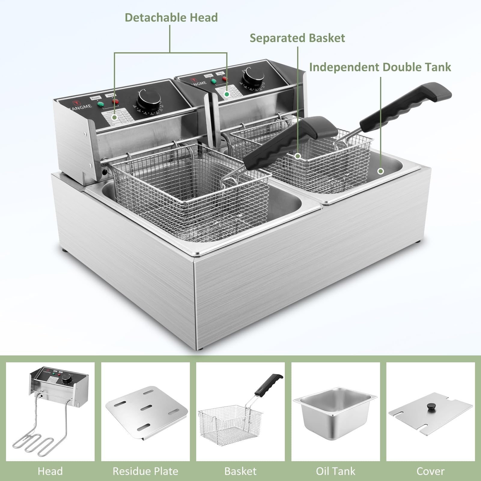 Commercial Deep Fryer - 3400W Electric Deep Fryers with 2x6.35QT Baskets 0.8mm Thickened Stainless Steel Countertop Oil Fryer 20.7QT Large Capacity with Temperature Limiter (12L)