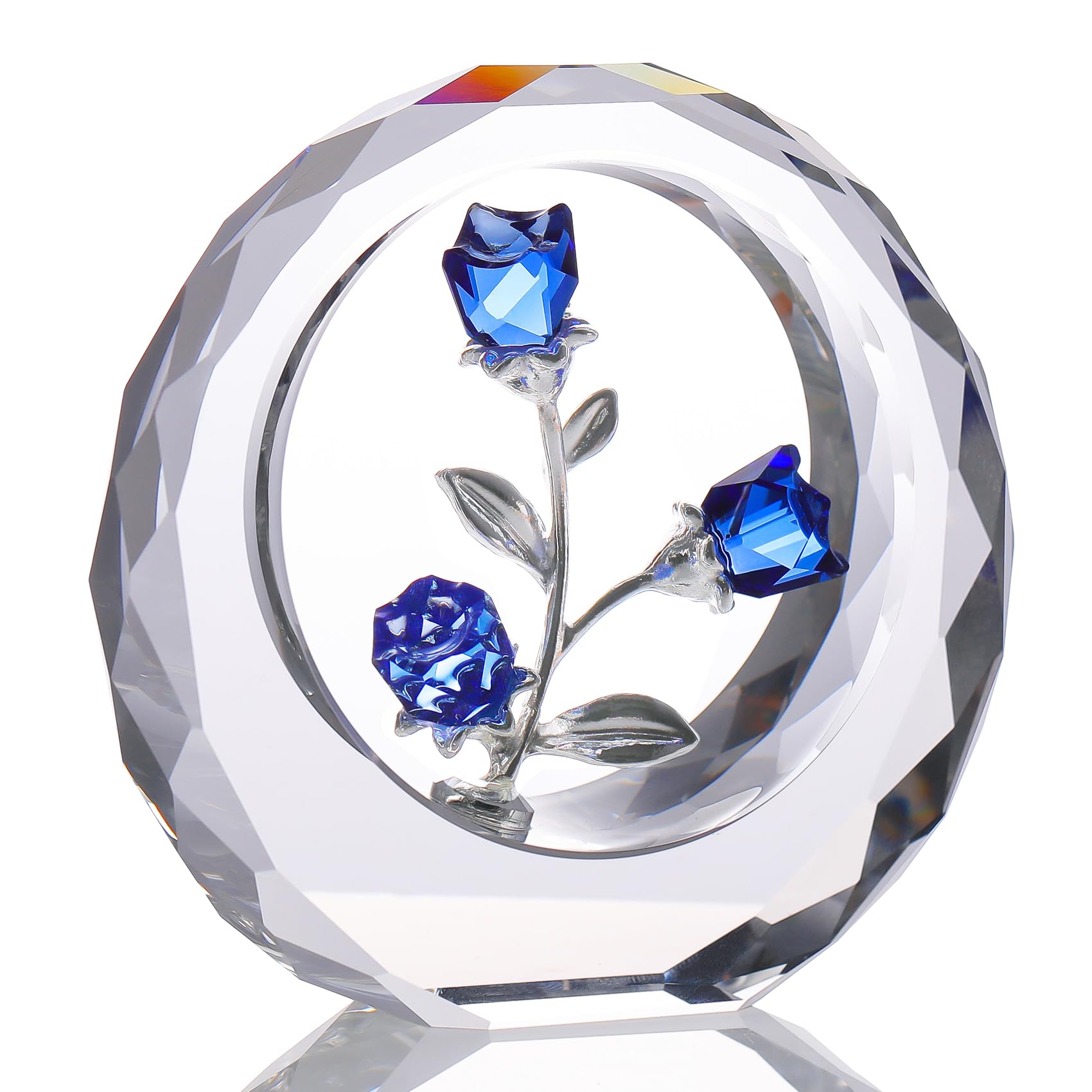 Ornalrist Crystal Blue Rose Blossom Flower Figurine Gifts for Her, Glass Rose Bouquet Collectible Paperweight Romantic Gift Idea for Women Wife Valentine's Anniversary Ornaments (Blue)