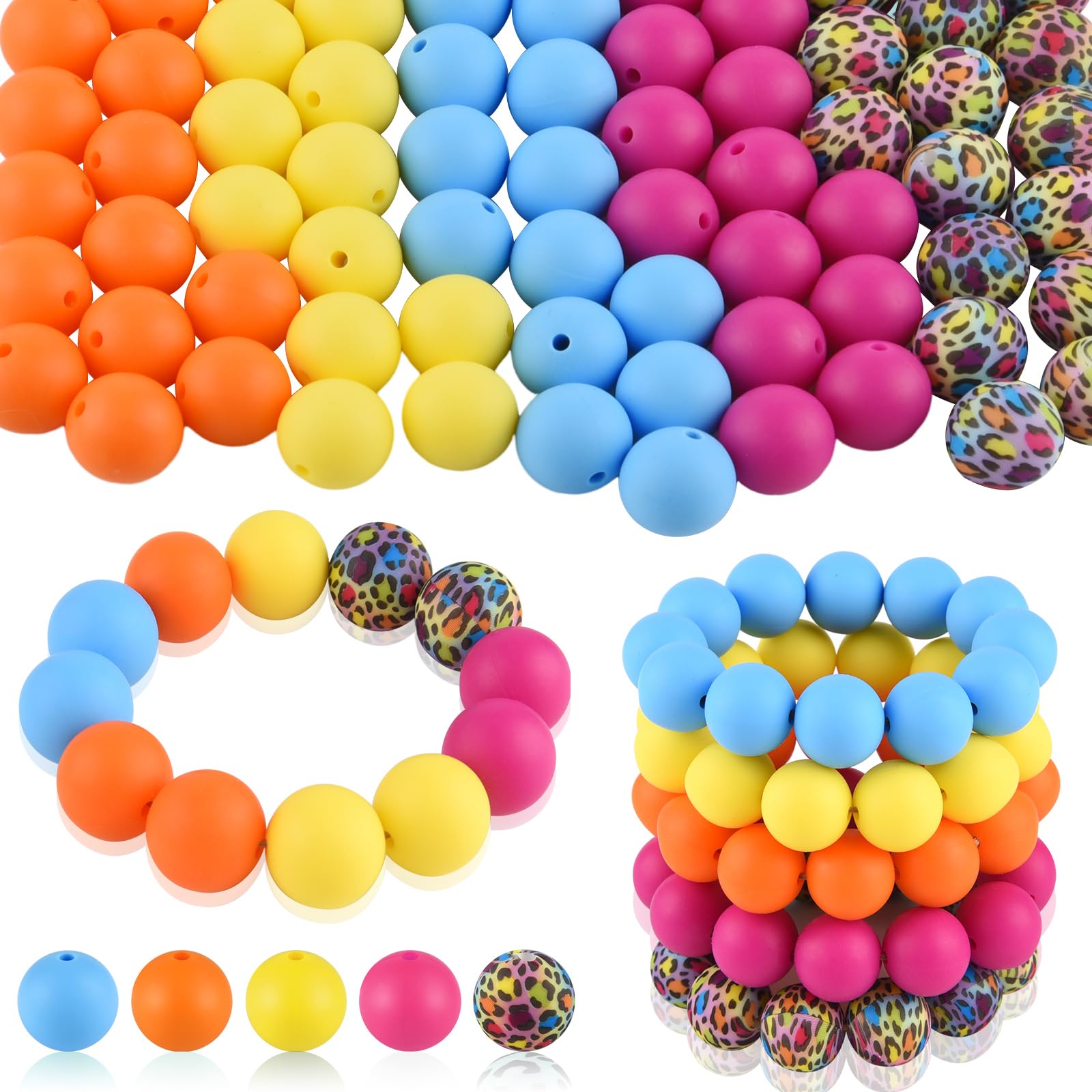 ASTARON 100 Pcs 15mm Silicone Beads for Keychain Making, Blue Hot-Pink Yellow Orange Round Beads for Bracelets Beadable Pens Decorations Crafts Making Party Favours Supplies