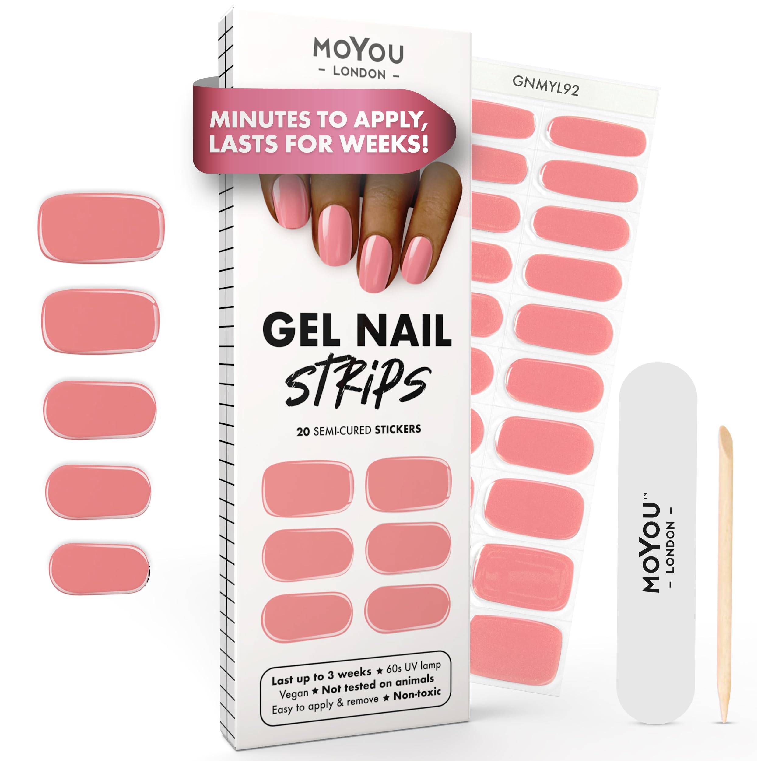 MOYOU LONDON Semi Cured Gel Nail Strips - 20 Pcs. Waterproof Gel Nail Wraps, Cures in Sunlight or UV/LED Lamp, Lasts Up to 2+ Weeks, Stretchable, Easy to Apply & Remove, Vegan & Cruelty-Free