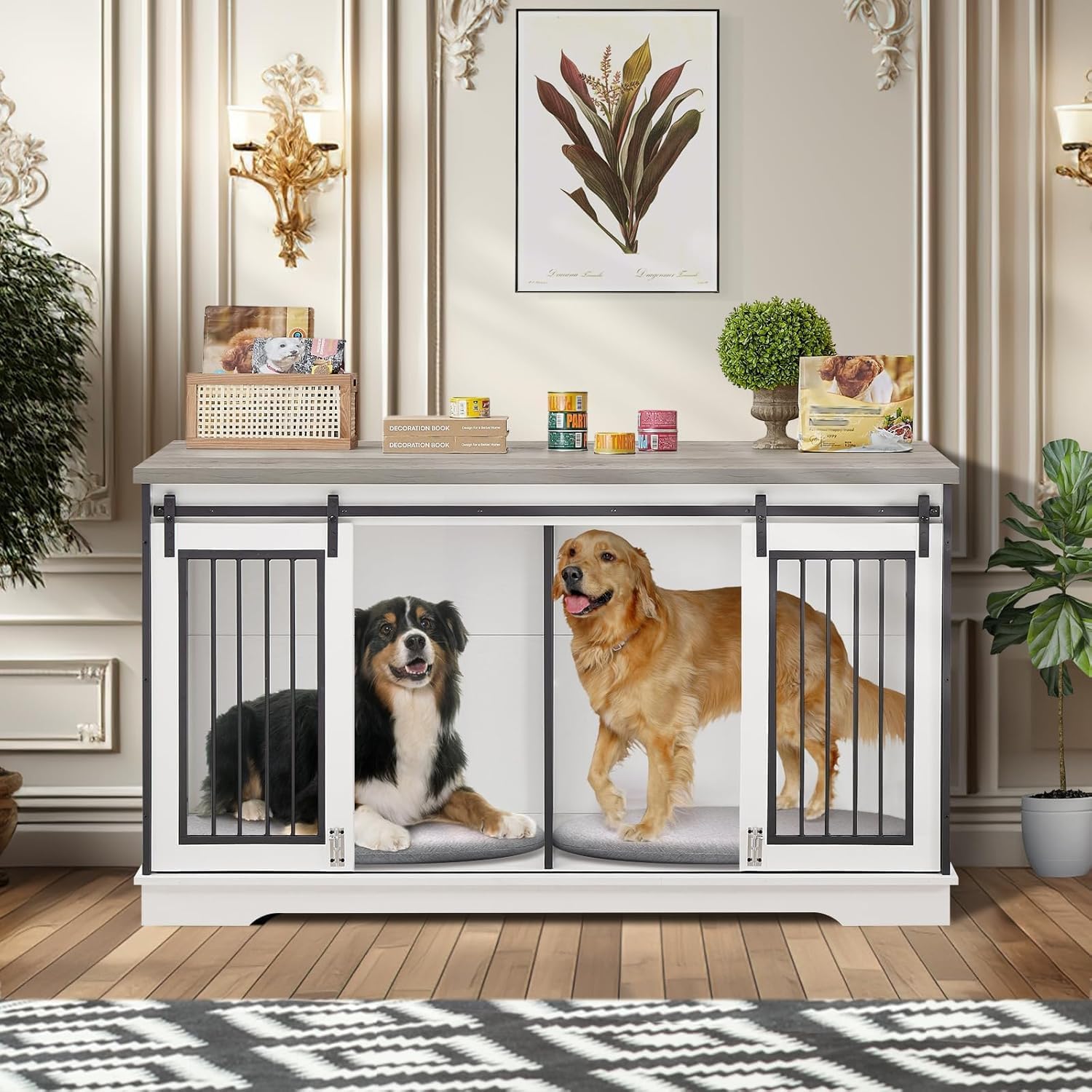 View 1 of ***MISSING HARDWARE & UNKNOWN PARTS**** 
Yafylly 60.6"? Double Dog Crate Furniture, Heavy Duty Dog Kennel with Divider, Durable Dogs Crate as TV Stand with Sliding Door, XXL Wooden Dog Kennel for 2 Dogs (White