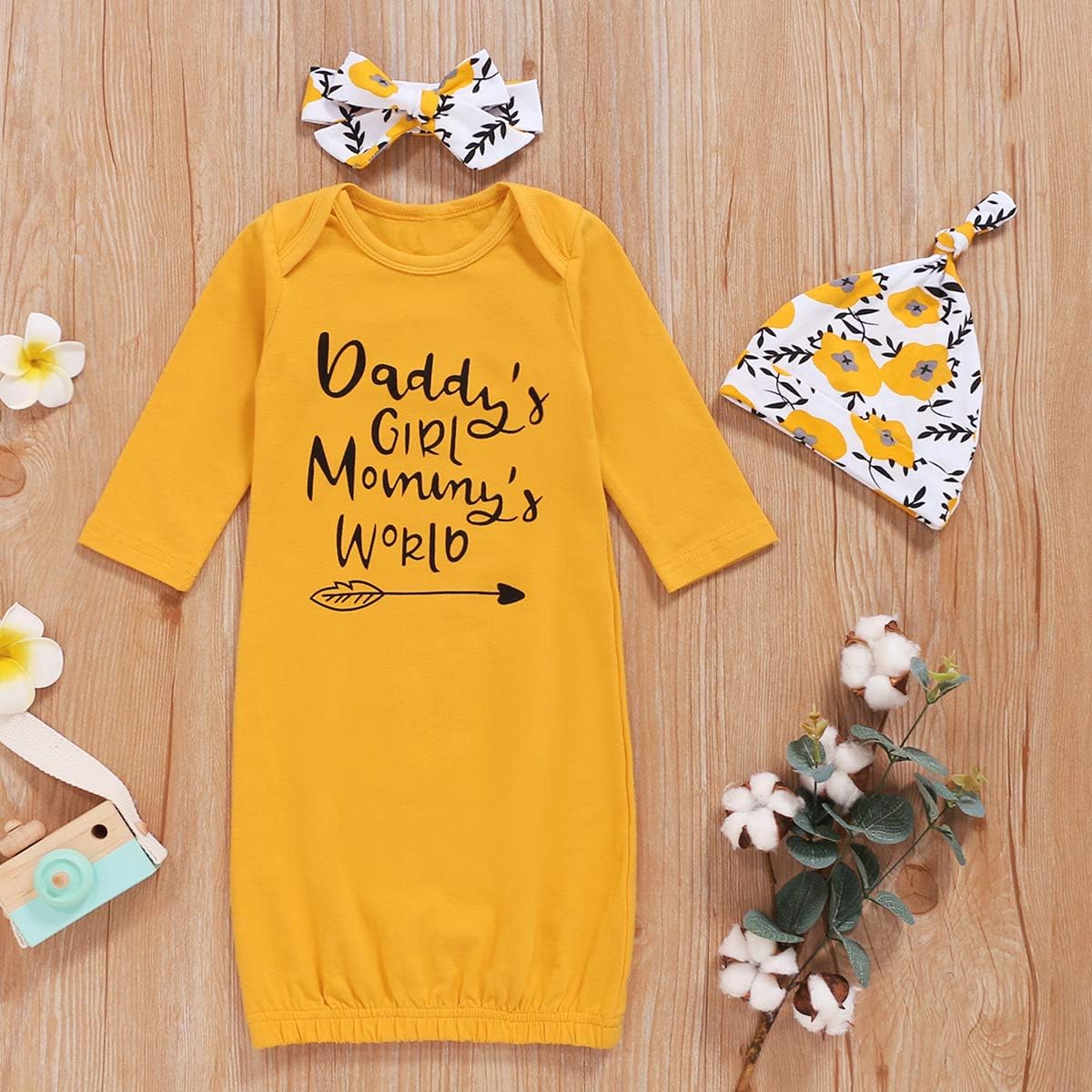 Dramiposs Newborn Girls Isn't She Lovely Floral Nightgowns Long Sleeve Outfits with Hat and Headband: Clothing