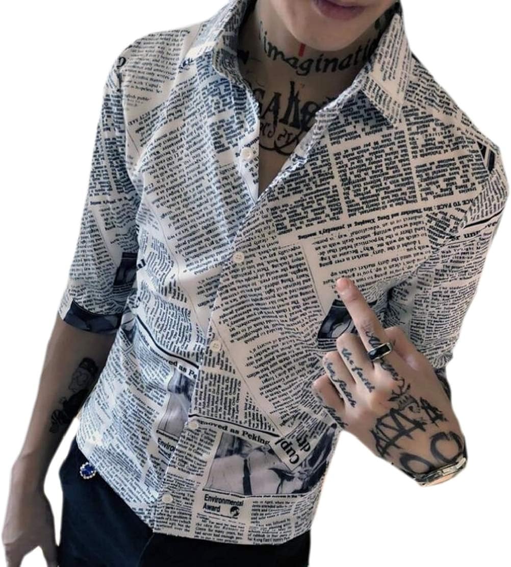 Buy cfzsyyw Mens Half Sleeve Newspaper Printing Button Down Shirt Tops