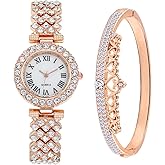 CdyBox Women Watches Diamond Luxury Quartz Watch Ladies Wristwatches with Crown Bangle Set Gifts