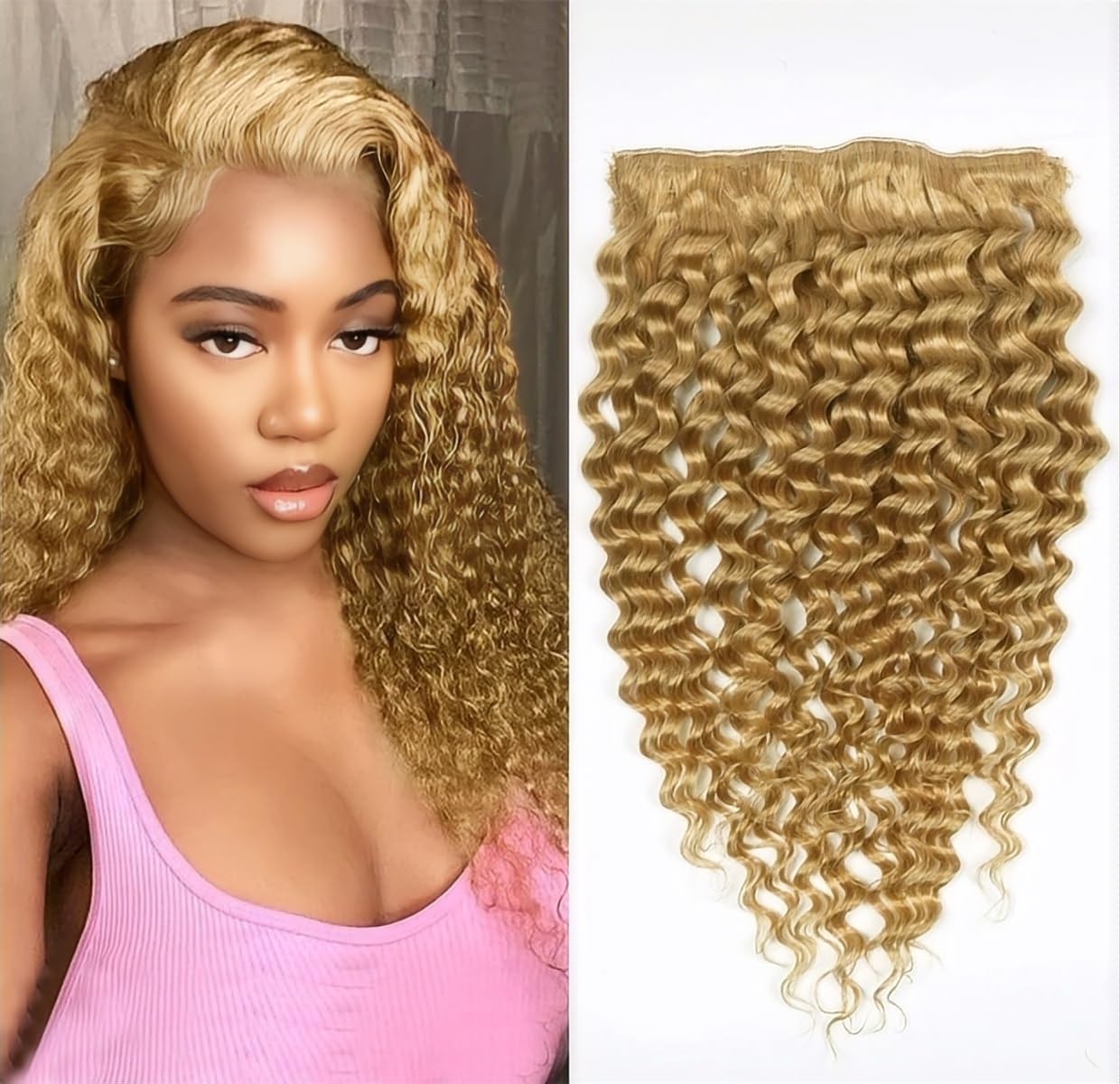 Sexycat Deep Curly Hair Extensions Clip in 16 Inch 8Pcs 100g Clip in Hair Extensions Real Human Hair, #27 Honey Blonde Color Water Wave Double Weft Hairpieces for Women — image 1