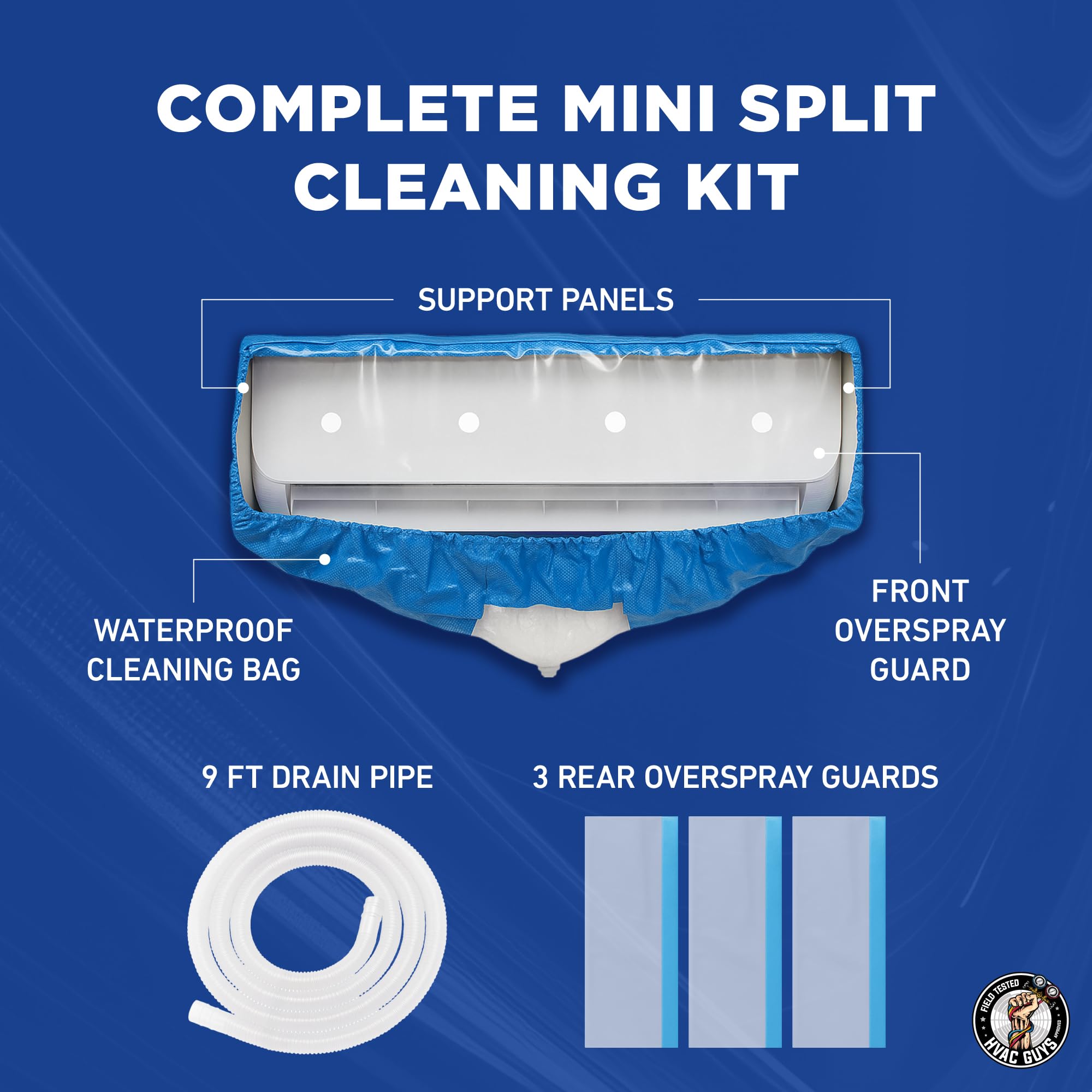 Mini Split Cleaning Bag | 360 Waterproof Design | Fits Systems 27in - 39in Long | Mini Split Cleaning Kit Includes Overspray Guards and Drain Hose