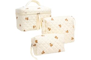 PAZIMIIK 3PCS Makeup Bag SET Large Travel Quilted Zipper Soft Cosmetic Case Pouch for Women Girls Make Up,Gauze Bear