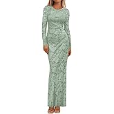 BTFBM Wedding Guest Dresses for Women 2026 Spring Elegant Floral Lace Ruched Long Sleeve Bodycon Cocktail Party Maxi Dress