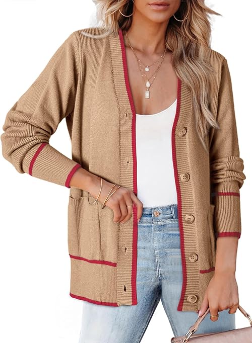Dokotoo Cardigans for Ladies Open Front 2024 Long Sleeve Lightweight Color Block Fall Twisted Knit Sweater Coats with Pockets,Light French Beige Small