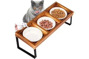 CHTSJQW Elevated Cat Ceramic Bowls, Large DIY 15° Tilted cat Food Bowl Set Raised for Indoor Cats Orthopedic Pet Carbonized Wooden Stand, Anti Vomiting 3 Bowl Cat Feeder Easy to Clean and Fill