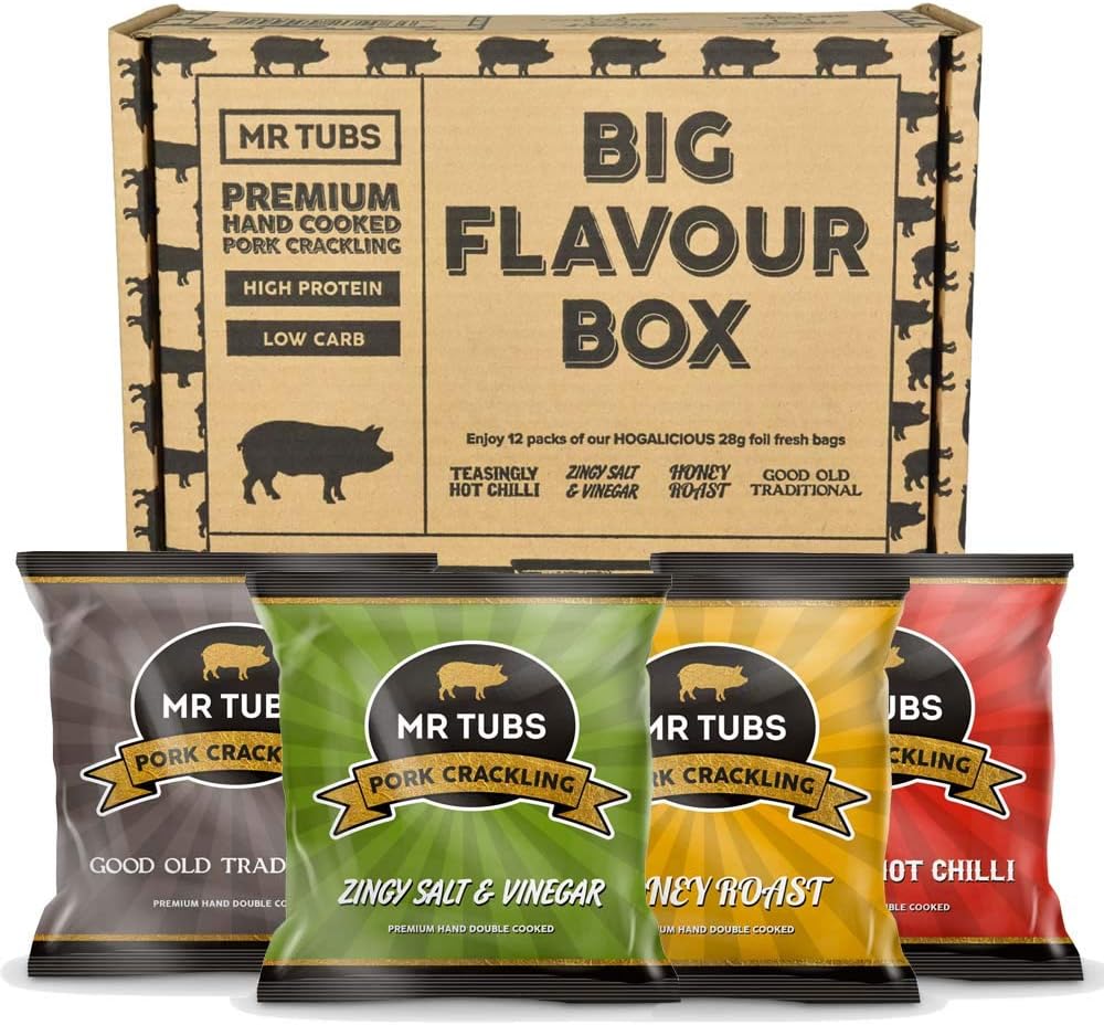 Mr Tubs Premium Hand Double Cooked Pork Crackling - Big Flavour Box - 12 Packs, 4 Flavours