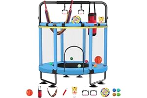 CALVALRY Trampoline for Kids, Upgrade Full Anti-Rust 440lbs Indoor Outdoor Toddler Trampoline with Net, 55" Adjustable Baby Toddler Trampoline Accessories with 8 Toys Dart Board