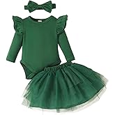 Doahapyker Baby Girl Ruffle Sleeve Romper Dress Newborn Solid Color Dress Bow Outfit Infant Jumpsuit Tutu Skirt Set Clothes
