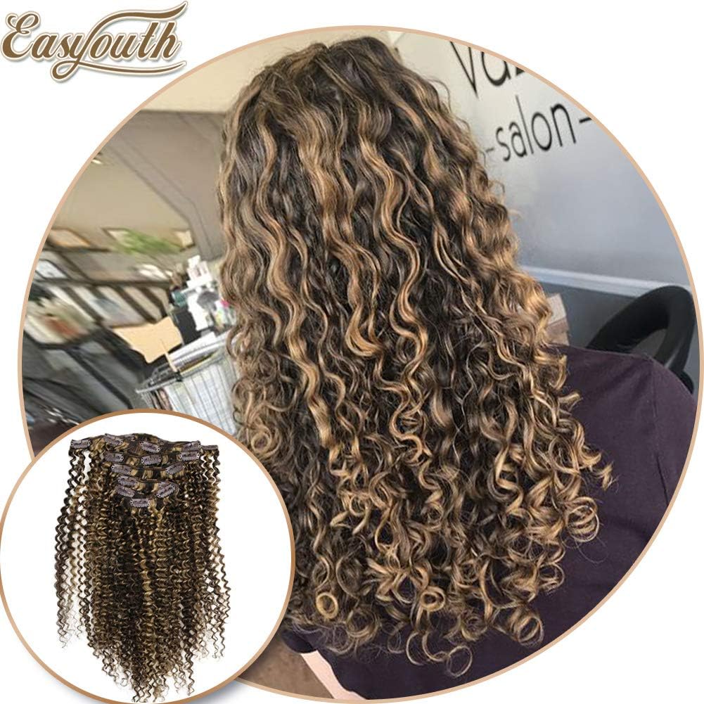 Easyouth Remy Clip In Hair Extensions Double Weft 18 inch Kinky Curly Colored #3 Highlight With #27 Honey Blonde 100 Gram 7Pcs/Set Natural Hair Clip In Extensions