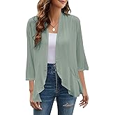Yekaty Women Cardigan 3/4 Sleeves Open Front Lightweight Cardigan Draped Ruffles Knit Cardigan