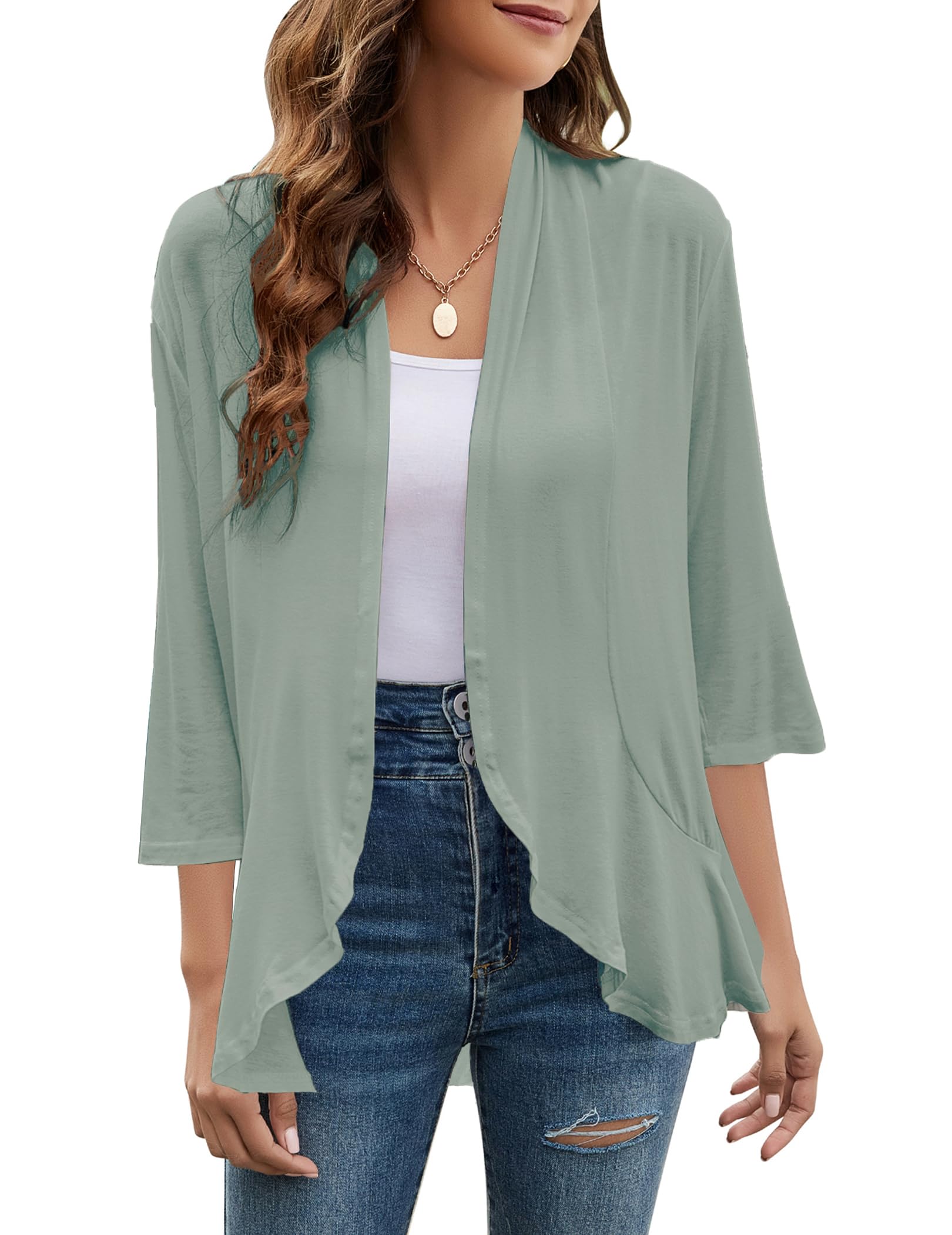 Photo 1 of ***STOCK PHOTO FOR REFERENCE ONLY, BLUE***Yekaty Women's Open Front Sage Green 3/4 Sleeve Lightweight Summer Plus Size Cardigans (medium)