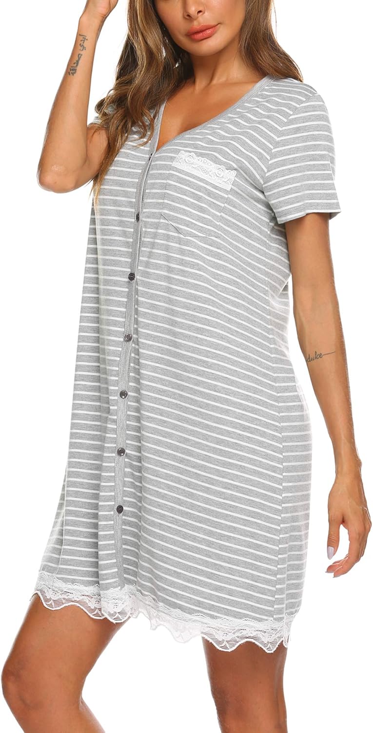 Ekouaer Women's Nightgown Striped Tee Short Sleeve Sleep Nightshirt Breastfeeding Loungewear Button Down Pajama Dress at  Women’s Clothing store