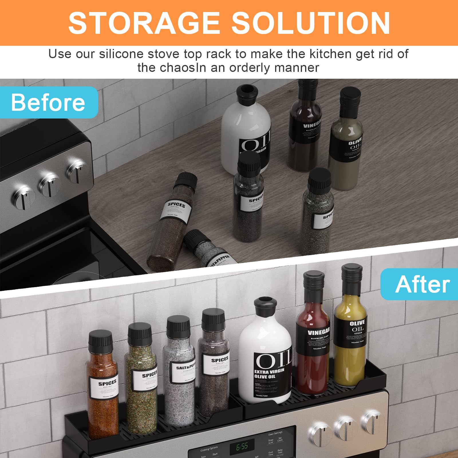 Silicone Stove Mat & Spice Rack Set: Stove Top Cover for Electric Stove, Glass Top Stove Protector for Range top, Extra Cook Space Store（Black,28x20）