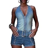 Mandonce Denim Romper for Women Off the Shoulder Halter V Neck Distressed Stretchy Jean Shorts Bodycon Jumpsuit with Belt
