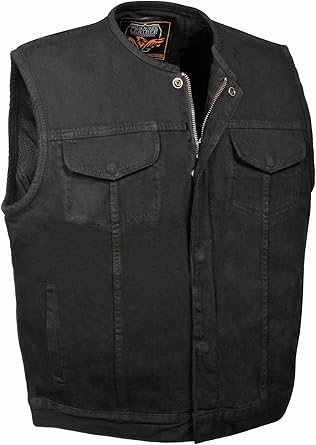 collarless black denim jacket