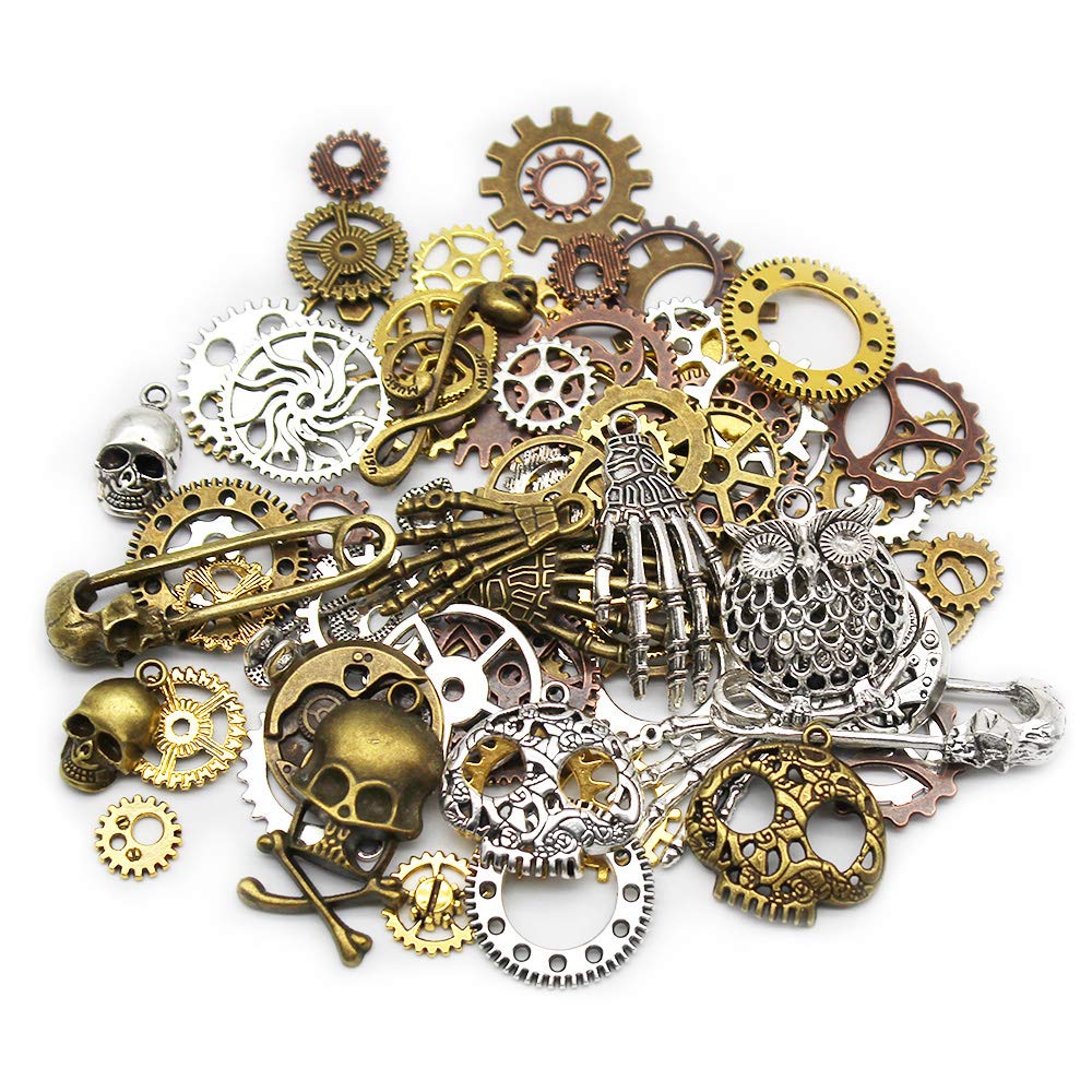 Mila-Amaz 80 Pcs Assorted Antique Steampunk Gears Metal Skeleton Pendant Charms Cogs for Jewelry Making Accessory - Bronze, Silver