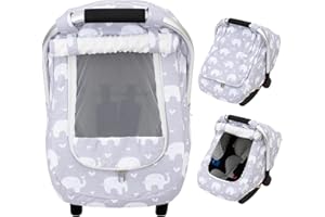 THE KENKYO Baby Car Seat Cover, Mink Warm Infant Car Seat Cover for Girls Boys, Universal Carseat Cover with Mesh Peep Window & Sun Shade, Baby Carrier Canopy Cover for Winter Autumn