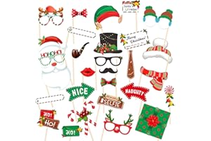 HOLIWOER Christmas Photo Booth Props Kit, 29Pcs Christmas Party Supplies Holiday Xmas Table Decor Accessories Party Favors Pose Sign Kit for Adults Kids Photography