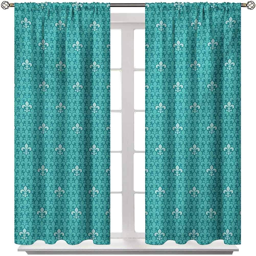 Blackout Curtain Fleur De Lis Sliding Panel Curtains Monochrome Medieval Motifs Pattern French Royal Lily Victorian for Bedroom Girls Room Decor Turquoise and Pale Blue 2 Rod Pocket Panels 42
