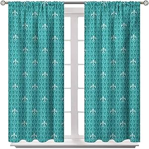 Blackout Curtain Fleur De Lis Sliding Panel Curtains Monochrome Medieval Motifs Pattern French Royal Lily Victorian for Bedroom Girls Room Decor Turquoise and Pale Blue 2 Rod Pocket Panels 42