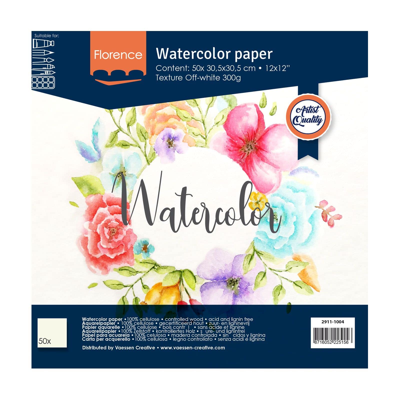 Vaessen Creative Florence Watercolour Paper 12x12 in Ivory, 300 GSM, Artist Grade Quality, Textured Surface, 50 Sheets for Scrapbooking, Painting, Handlettering, Art Projects, 12 x 12"