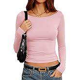 Mousnipy Women's Dressy Casual Boat Neck Tops Long Sleeve T Shirts Fall Basic Tops Slim Fit