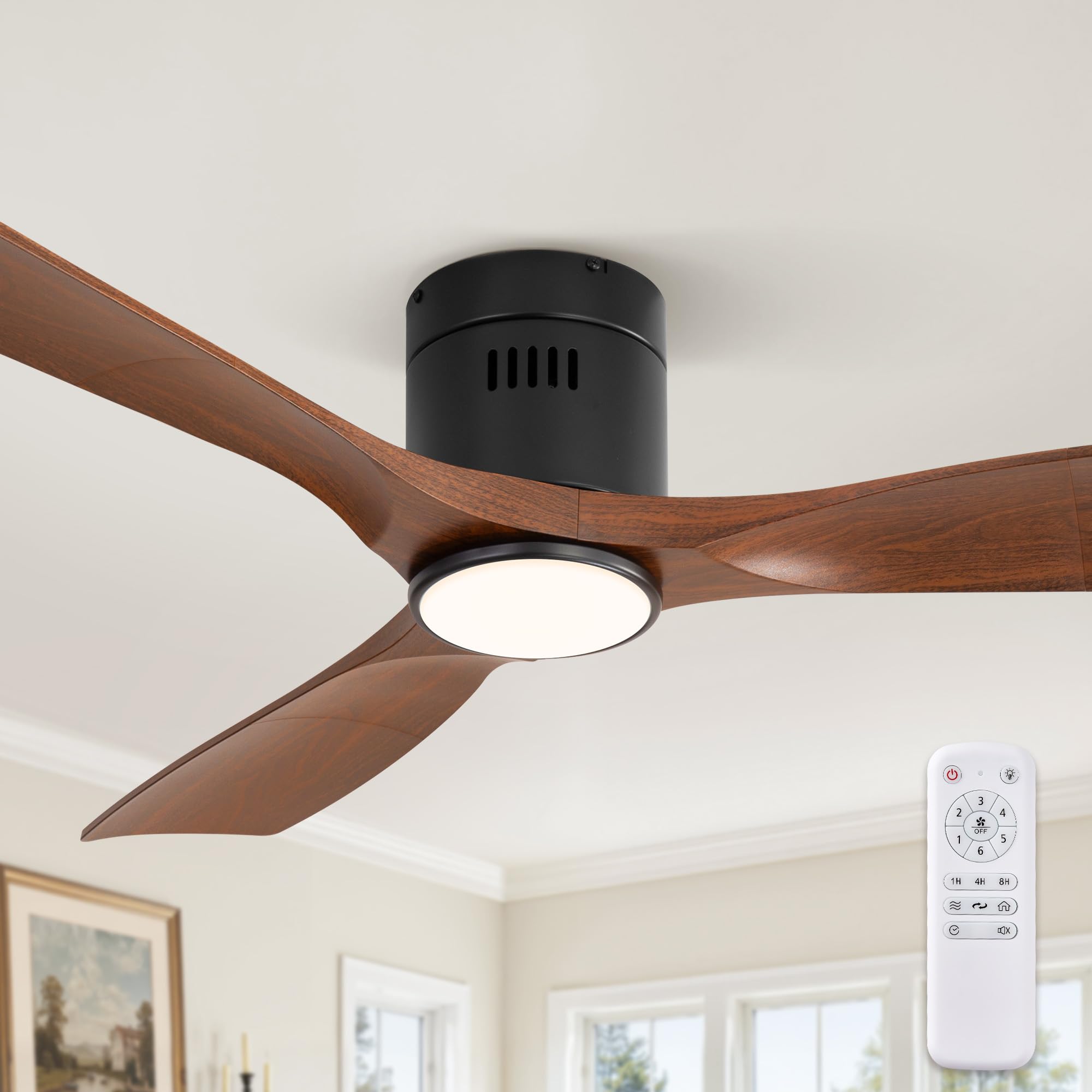Photo 1 of Fanbulous 52" Ceiling Fans with Lights and Remote Control,Modern Flush Mount Ceiling Fan with 3 CCT,Low Profile Ceiling Fans with 6-Speeds Reversible DC Motor for Patio Living Room Bedroom(Walnut)