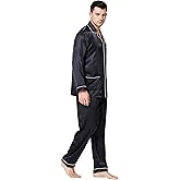 Lonxu Pajamas Set Mens Silk Satin Pajamas Long Sleeve Loungewear Two-Piece Sleepwear Button-Down Pj Set S-XXXXL