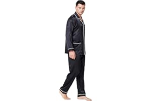 Lonxu Pajamas Set Mens Silk Satin Pajamas Long Sleeve Loungewear Two-Piece Sleepwear Button-Down Pj Set S-XXXXL