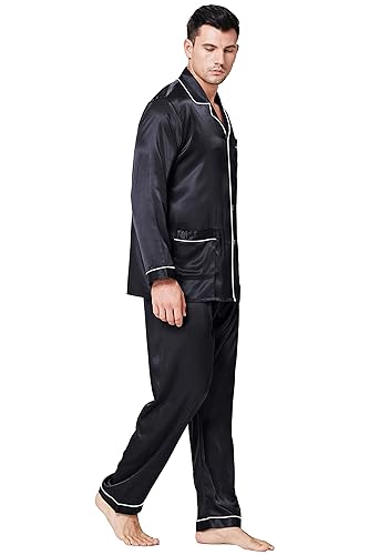Lonxu Pajamas Set Mens Silk Satin Pajamas Long Sleeve Loungewear Two-Piece  Sleepwear Button-Down Pj Set S-XXXXL (Black, L) in Oman Whizz Sleep Sets