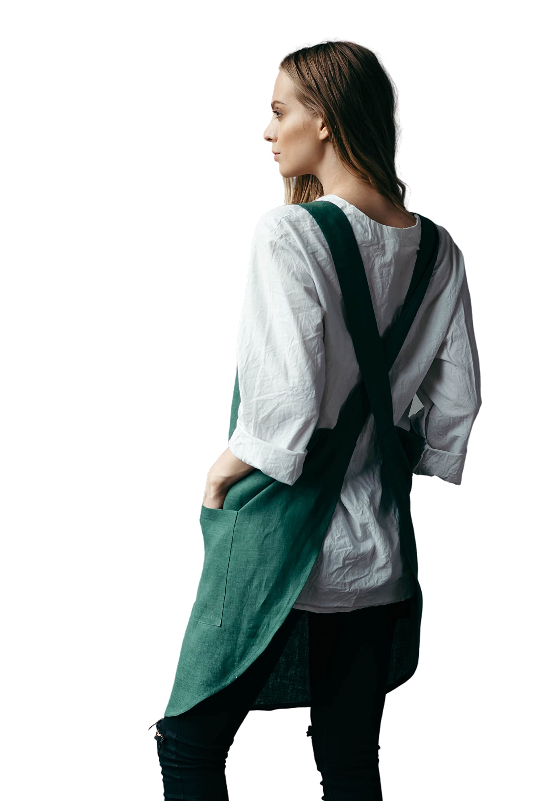Bunny Street Linen Pinafore Apron - Wide Straps Cross Back Japanese Apron for Women - No Ties Crossover Apron with Pockets (Green Forest)