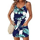 AUSELILY Womens Summer Dresses Sleeveless Spaghetti Strap Beach Cover up Drawstring Waist Mini Short Dress with Pockets