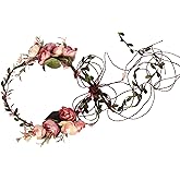 LLinfflr Vine Flower Crown Boho Flower Headband Hair Wreath Floral Halo Headpiece with Ribbon Wedding Party Photos Pink