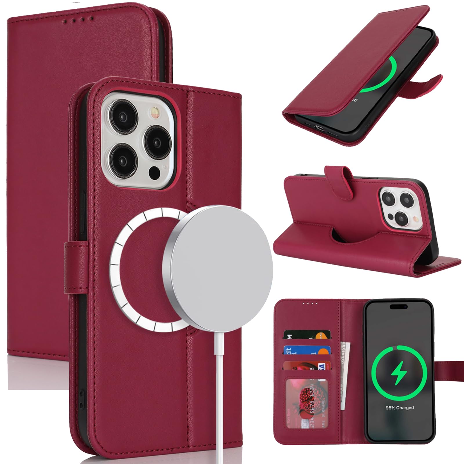 Zouzt Case for iPhone 13 Pro Max / 12 Pro Max (6.7"), [Compatible with MagSafe] Magnetic PU Leather Wallet Case with Card Holders and Kickstand, Wireless Charging Flip Folio Phone Cover - Red