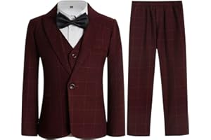 KIDINIX Boys Plaid Suit Set 4 Pieces Blazer Vest Pants Classic Formal Suit for Wedding Party