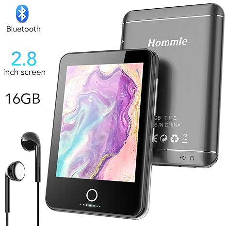 Hommie Bluetooth MP3 Player 16GB mit 2.8 Zoll TFT Bildschirm, vollem Touchscreen und Lautsprecher mit unabhängiger Lautstärke