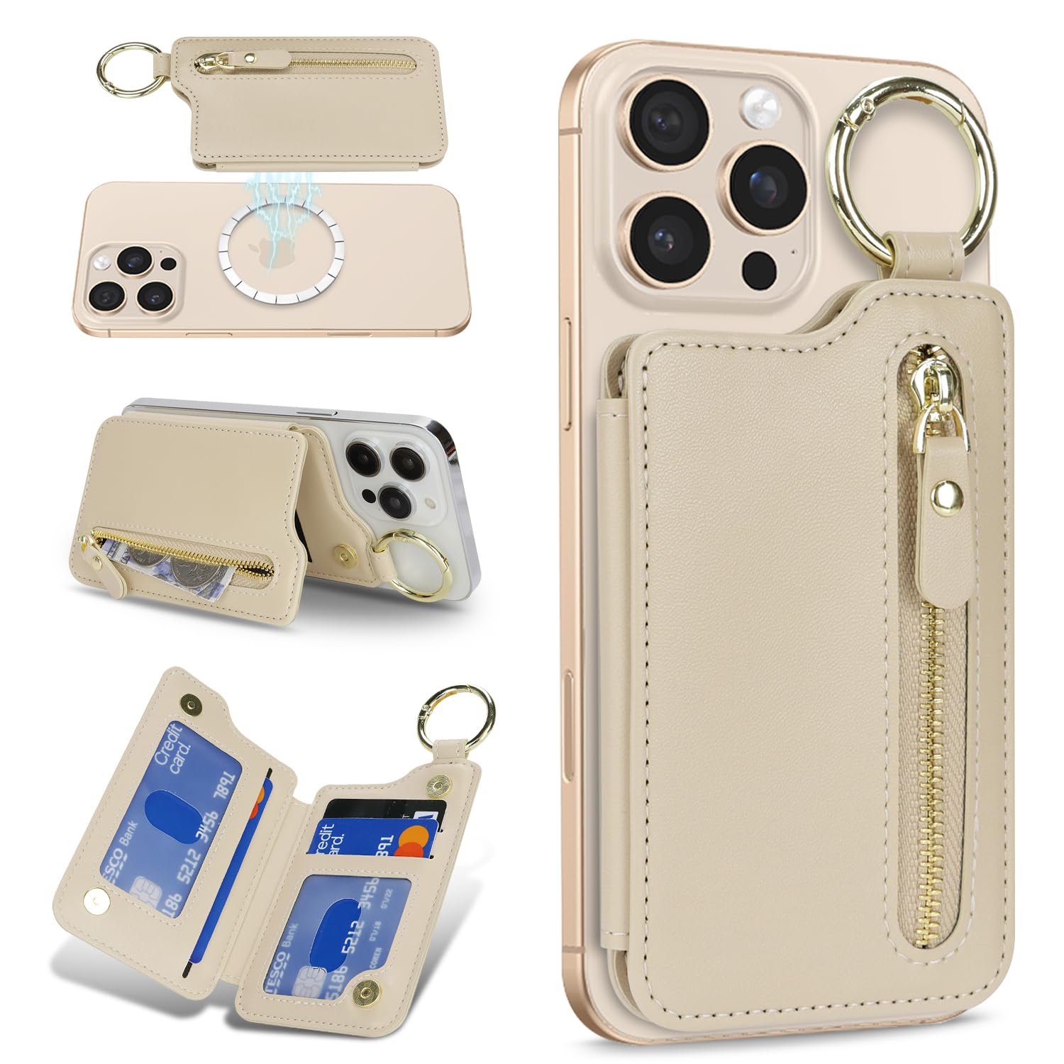Photo 1 of 1pc  Cavor Compatible with MagSafe Wallet,Magnetic Wallet for iPhone 17/16 Pro Max/15 Pro/14 Plus/13/12 Series,Magnetic Card Holder with Adjustable Stand,Mag Safe Phone W allet Zipper-Beige