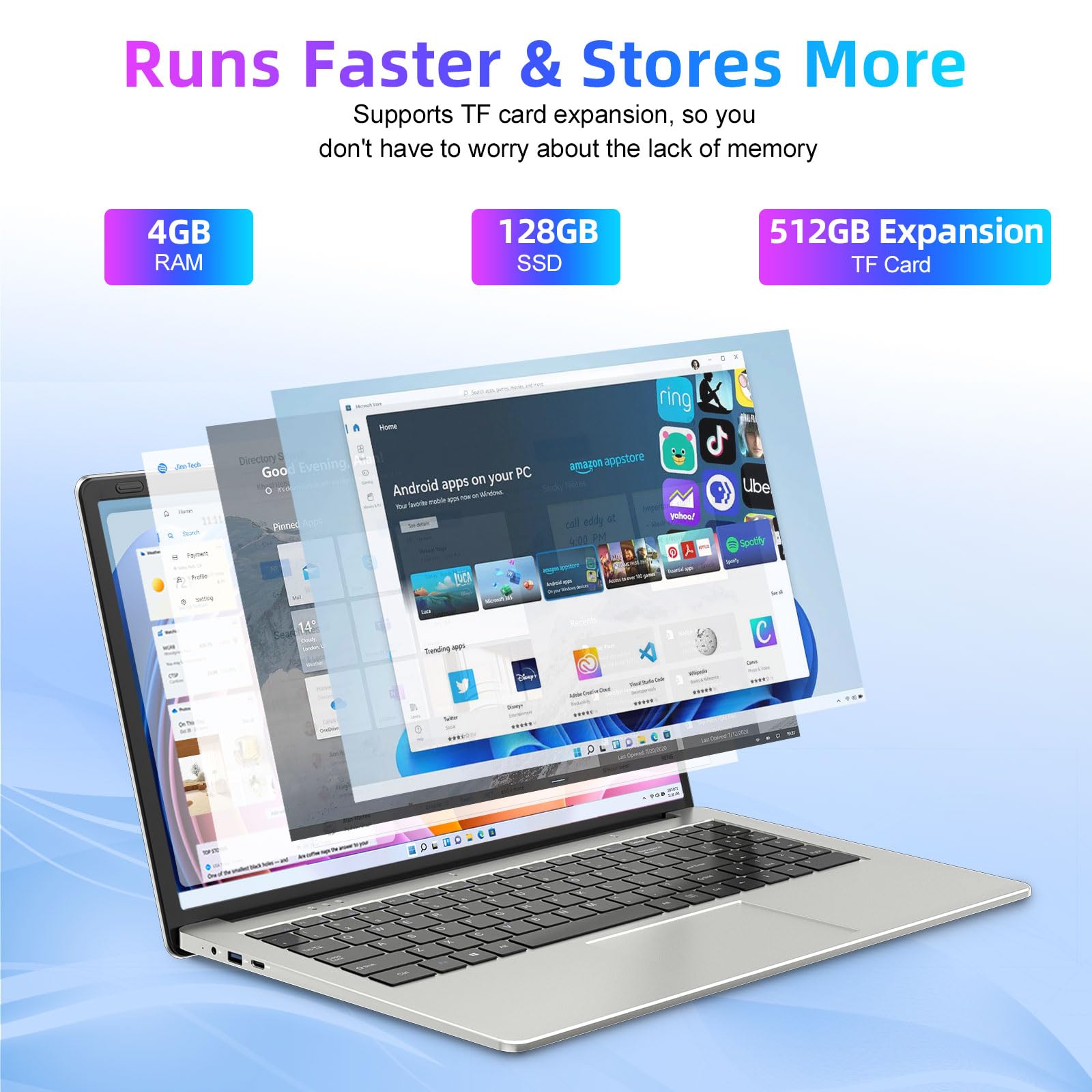 SGIN Laptop 15.6 Inch, 4GB DDR4 128GB SSD Laptops Computer with Intel Celeron Quad Core Processor, Intel UHD Graphics 600, Mini HDMI, Webcam, 2.4G/5GHz WiFi, 2*USB3.2, Bluetooth4.2