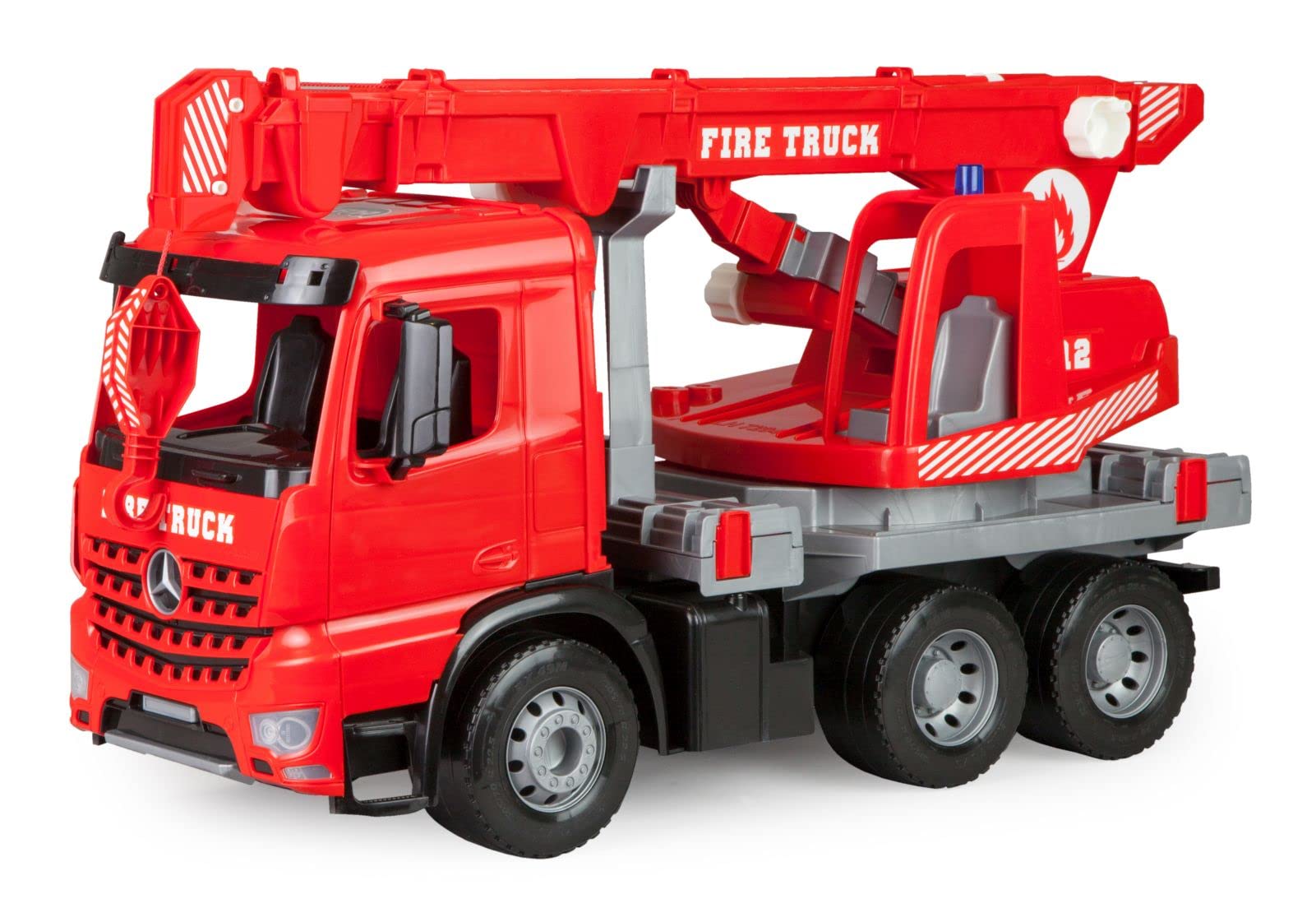 Lena 02175 - Sturdy Giant fire department crane truck Mercedes Benz Arocs, Giga Trucks fire dept. crane red, with 3 axles, approx. 70 cm, with winch up to 1.05 m, toy vehicle for children from 3 years