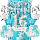 Sweet 16 Birthday Decorations for Girls Teal Sixteen Birthday Party Supplies Turquoise with Sweet 16 Cake Topper Blue Confetti Star Foil Balloons Sash Teal Curtain for 16th Happy Birthday Party Decor