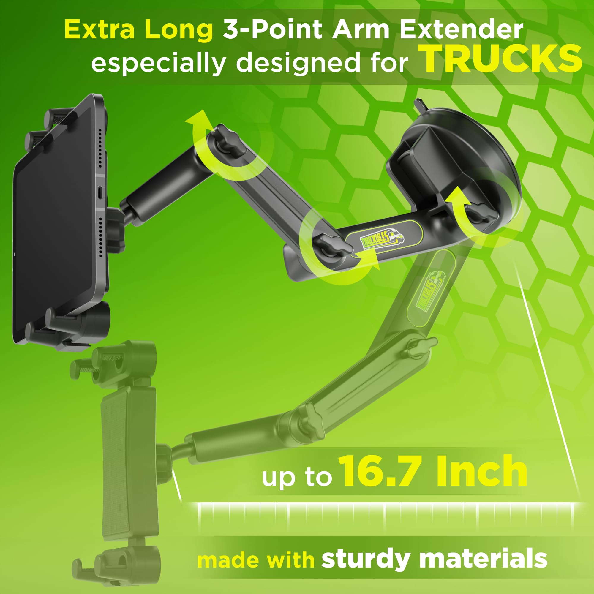 Tablet Holder for Truck Tablet Mount - iPad Mount for Truck, Heavy Duty Super Suction Cup, 16.7 inch Long Arm & Stable, Device & iPad Holder for Dashboard, Windshield and Window - Semi Trucker